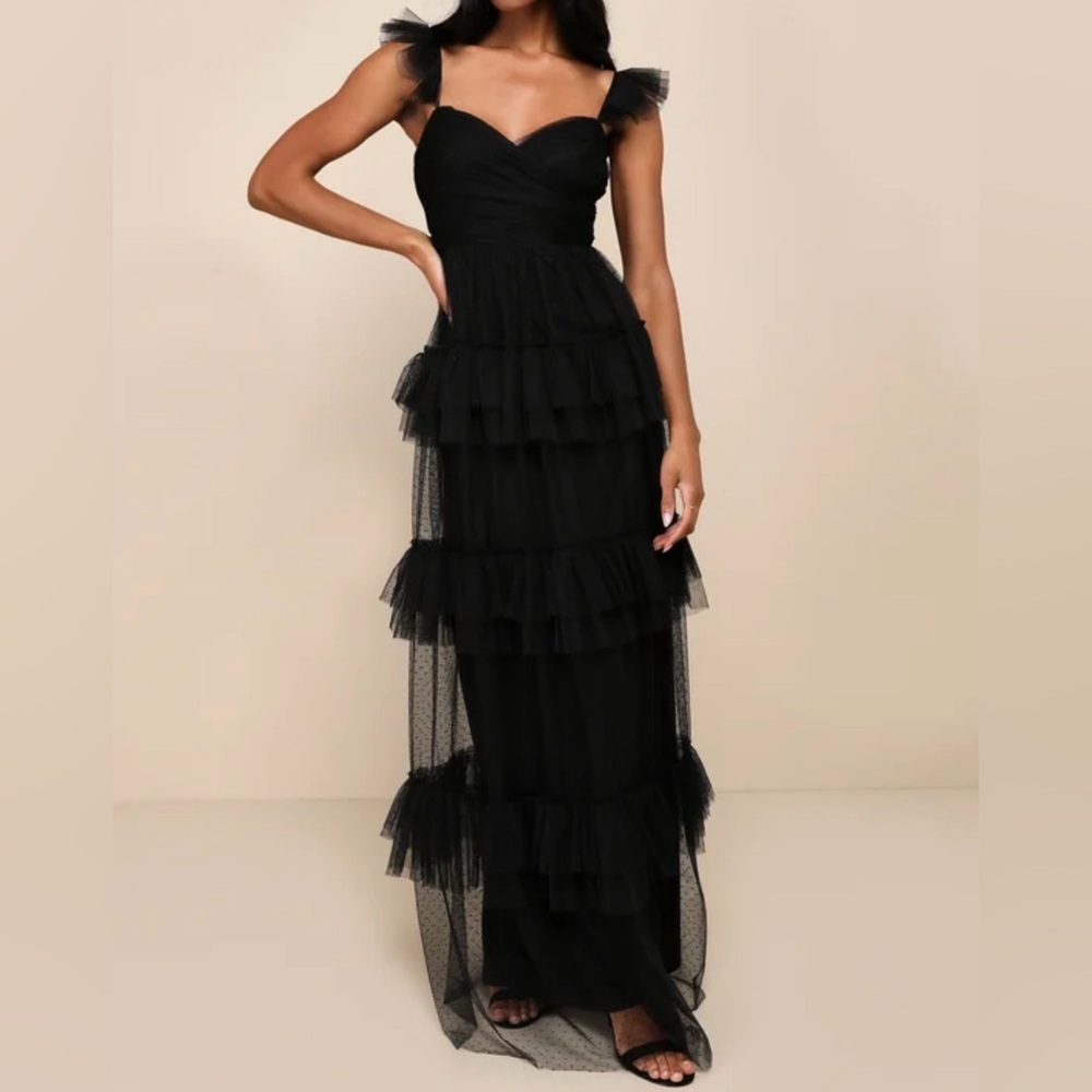 Lulus | Pure Radiance Black Mesh Swiss Dot Tiered Maxi Dress